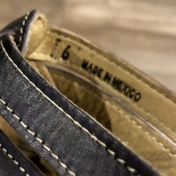 Bed Stu Gina Wedge 6 Black Leather Brown Wood Platform Strappy Sandal Mexico - Picture 5 of 11